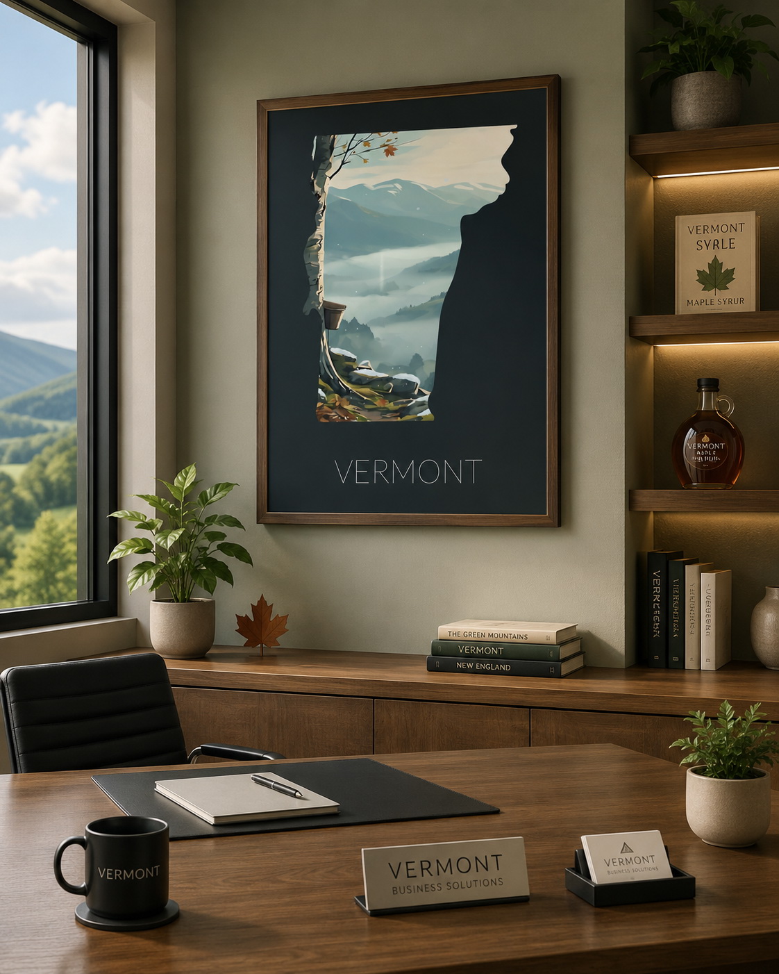 Vermont state artwork displayed in a modern office interior with Green Mountain and maple-themed styling
