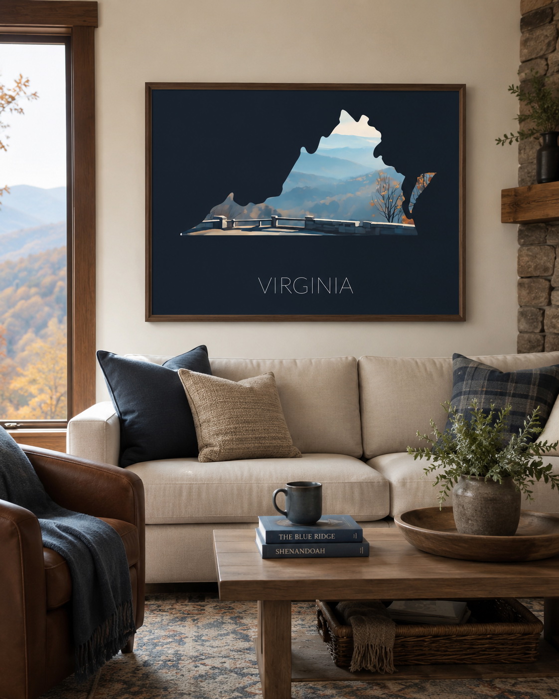 Virginia state artwork displayed in a warm home interior with Blue Ridge mountain decor