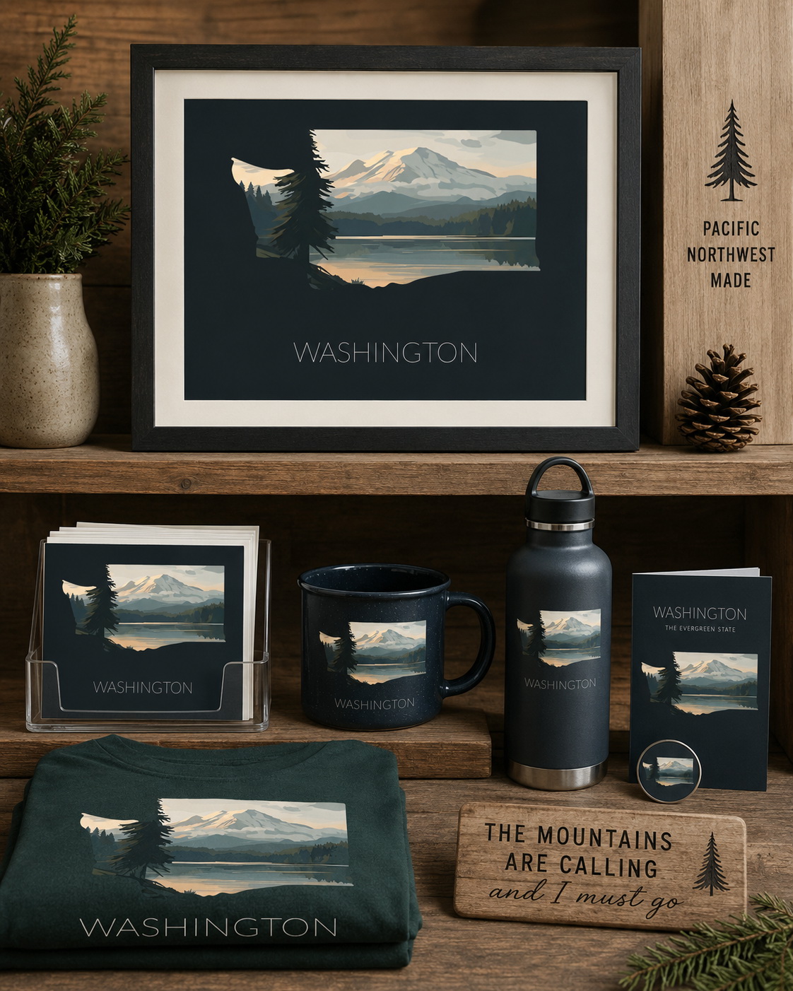 Washington state artwork applied to framed print, mug, bottle, greeting card and apparel merchandise