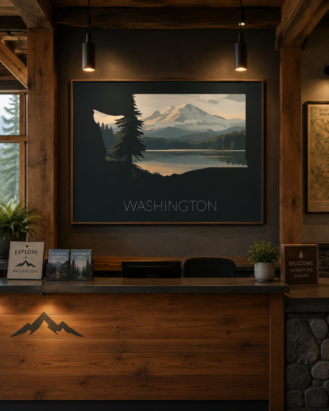 Washington state artwork displayed in a lodge or hospitality reception interior with Pacific Northwest styling