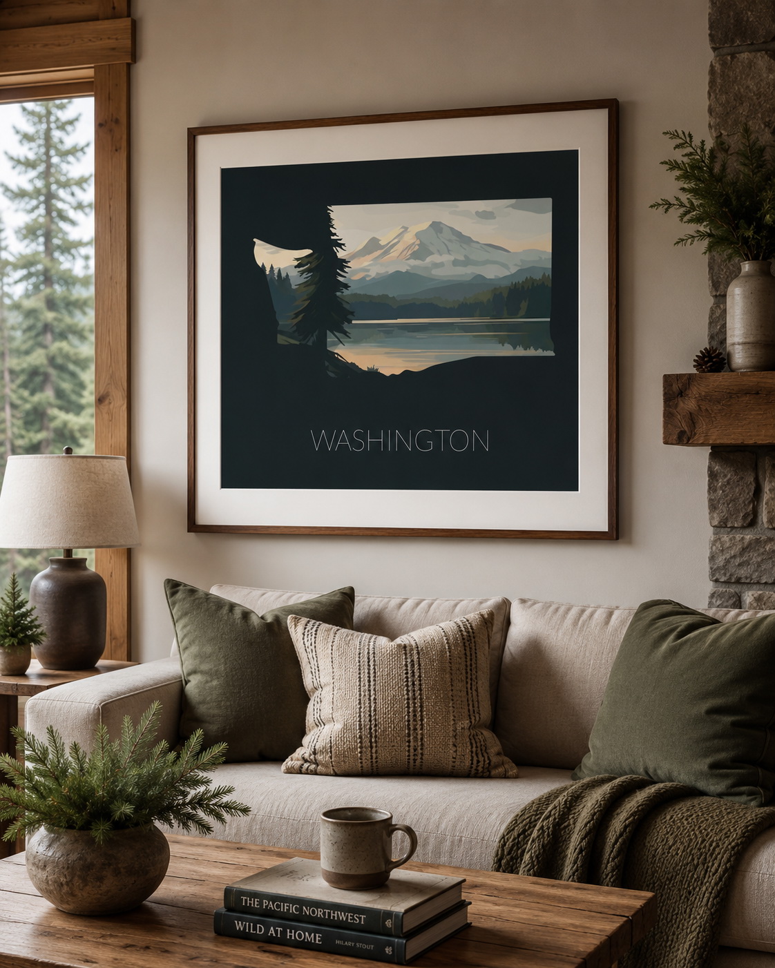 Washington state artwork displayed as framed Mount Rainier wall art in a warm Pacific Northwest home interior