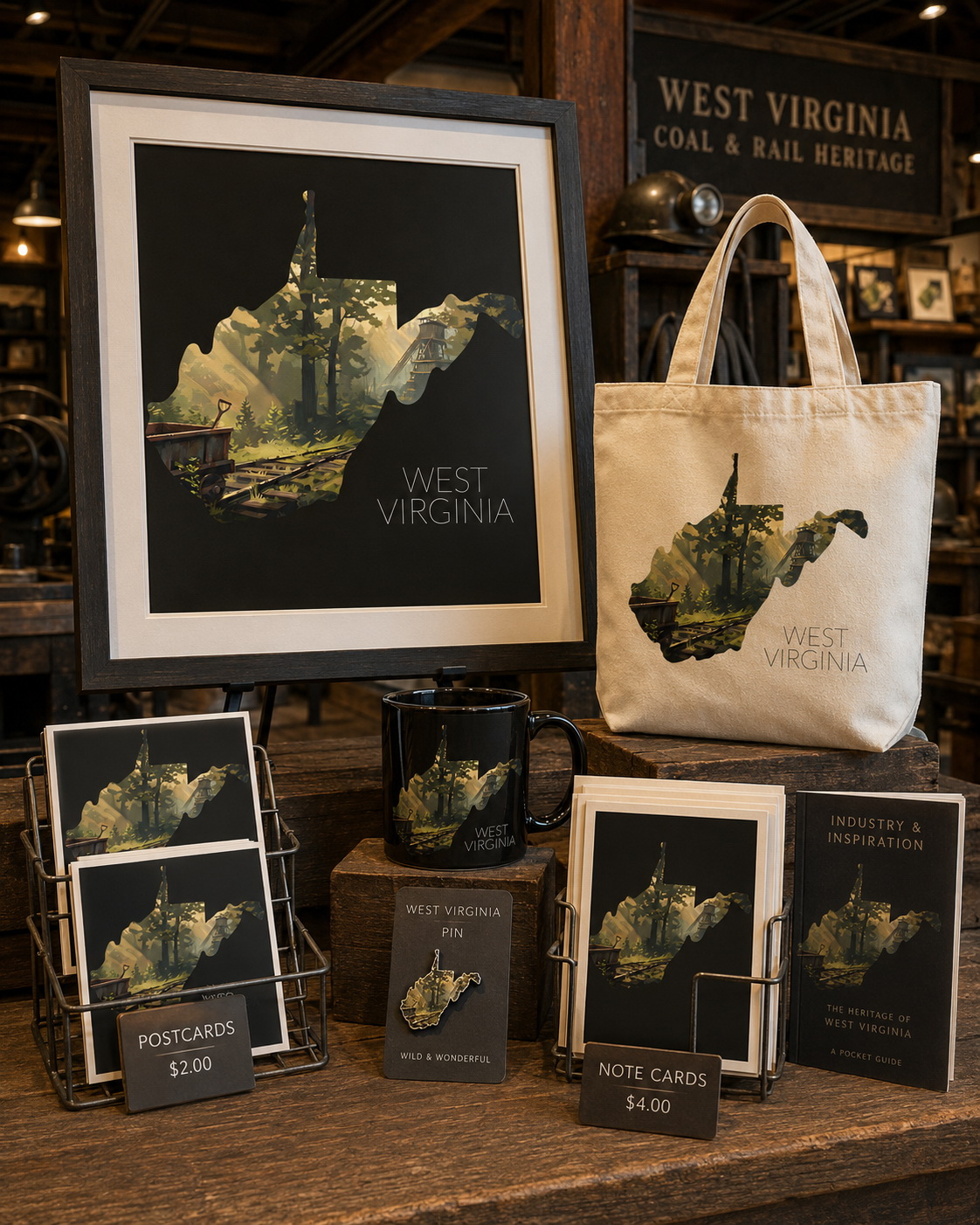 West Virginia state artwork applied to tote bag, mug, postcards, note cards, souvenir pin and framed print merchandise