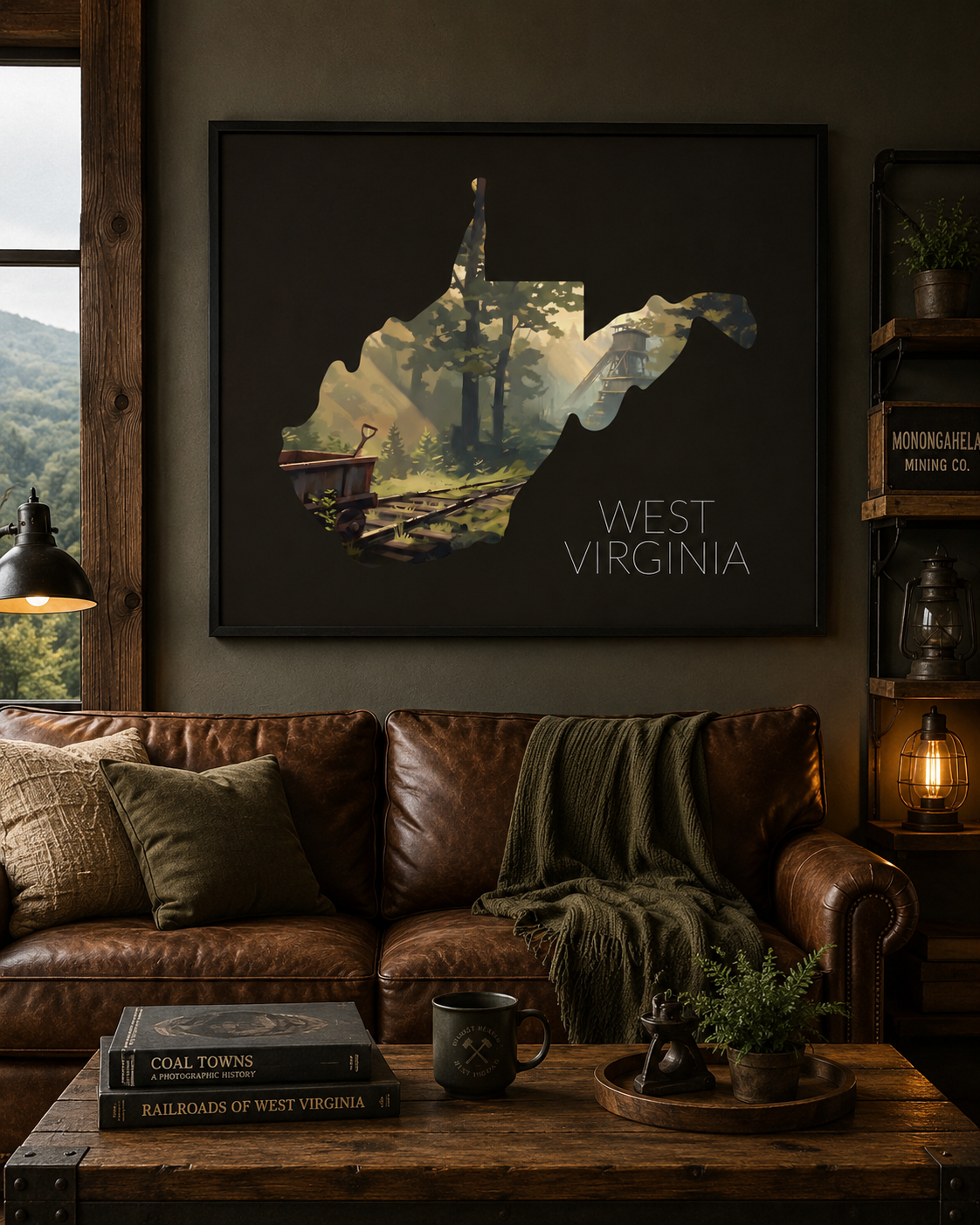 West Virginia state artwork displayed as framed Appalachian coal heritage wall art in a warm rustic home interior