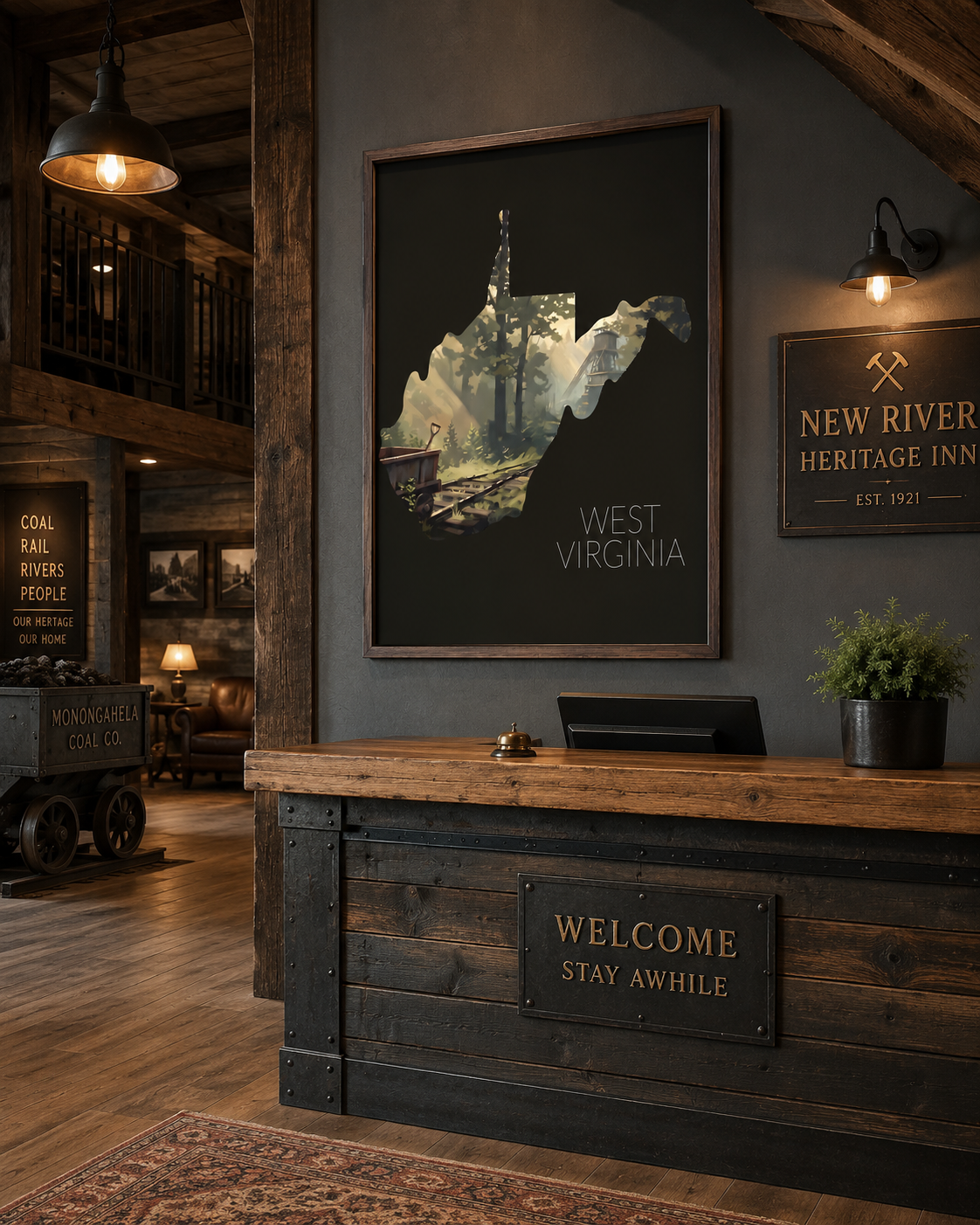 West Virginia state artwork displayed in a heritage hotel or lodge reception interior inspired by coal and rail history
