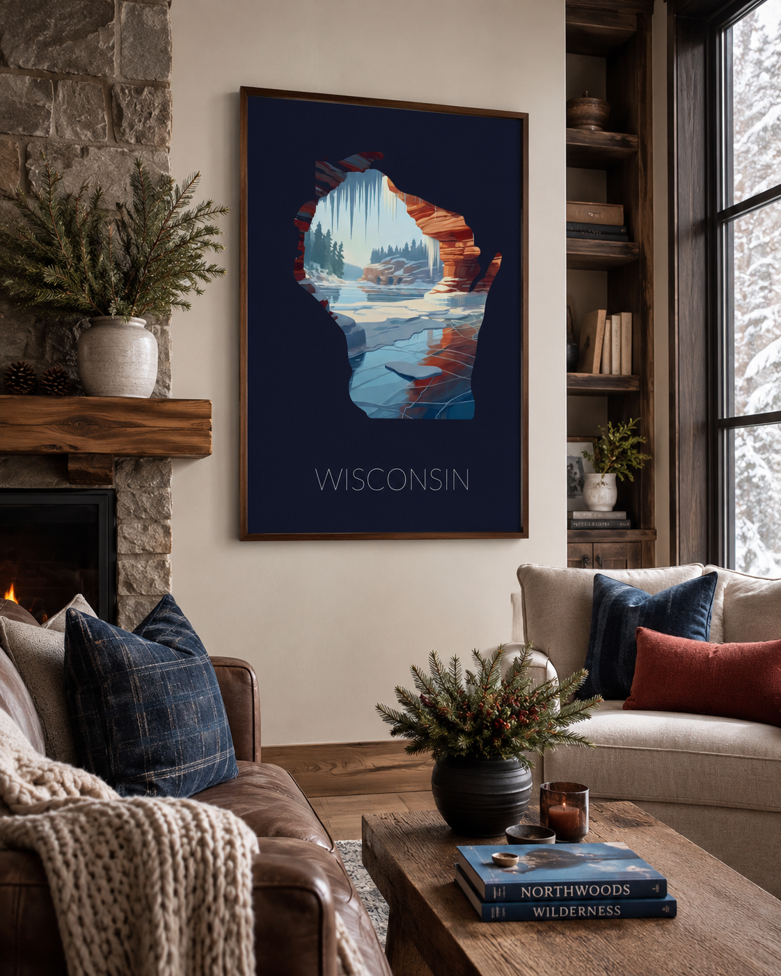 Wisconsin state artwork displayed in a warm winter home interior with stone fireplace and Northwoods decor