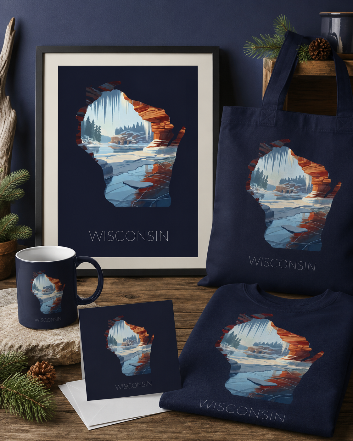 Wisconsin state artwork applied to tote bag, mug, shirt, greeting card and framed print merchandise