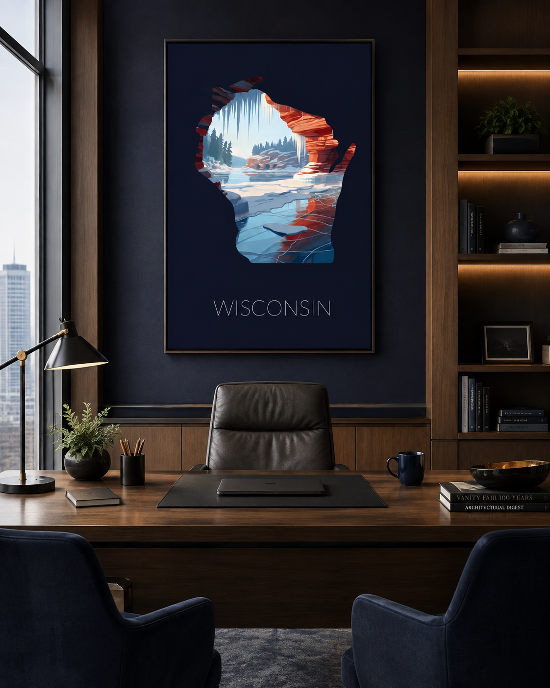 Wisconsin state artwork displayed as framed Lake Superior winter wall art in a refined modern office interior