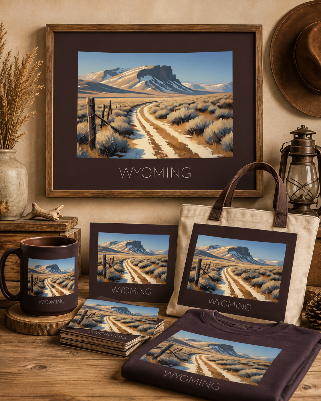 Wyoming state artwork applied to mug, tote bag, apparel, postcards and framed print merchandise