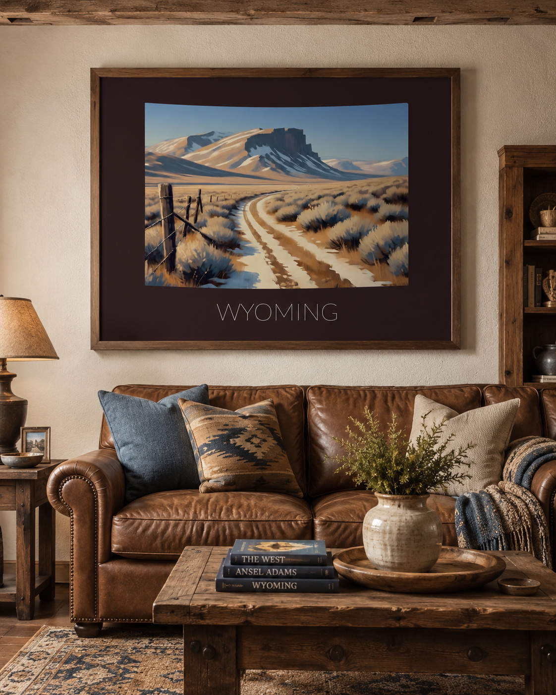 Wyoming state artwork displayed in a warm rustic home interior with leather furniture and western decor