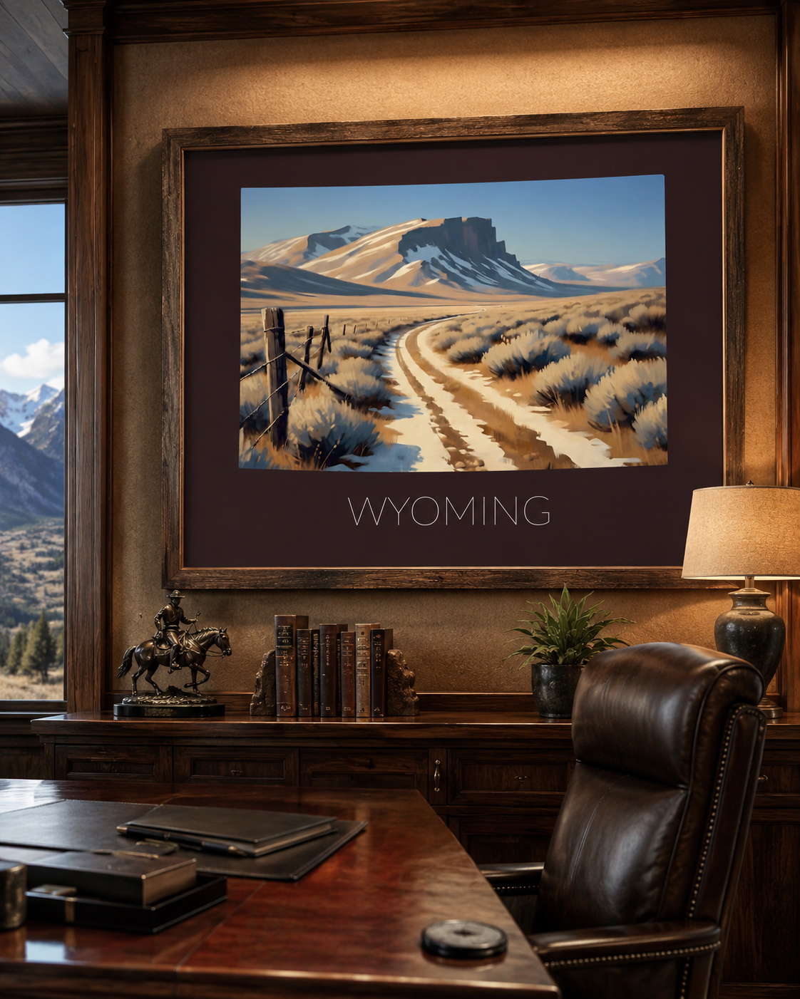 Wyoming state artwork displayed as framed western landscape wall art in a refined office interior